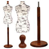 Female Dressmakers Mannequin Black Floral with Dark Wood Round Stand